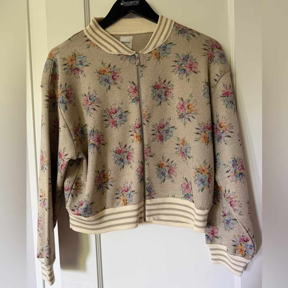 Maeve Metallic Floral Bomber Jacket with Pastel Bouquet Print